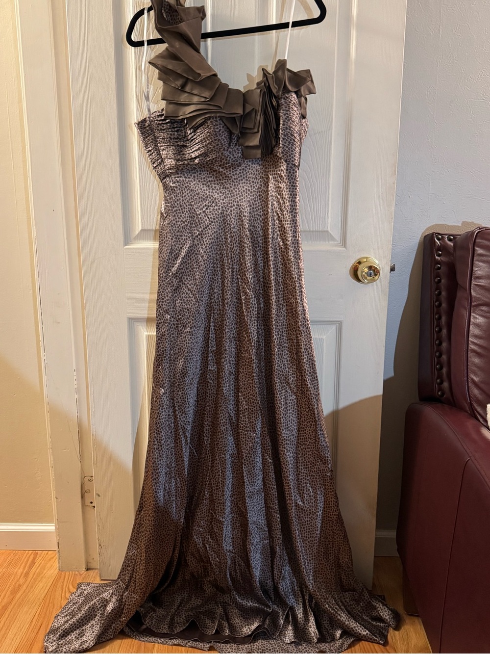 Mikael Aghal Taupe One-Shoulder Ruffle Maxi Dress